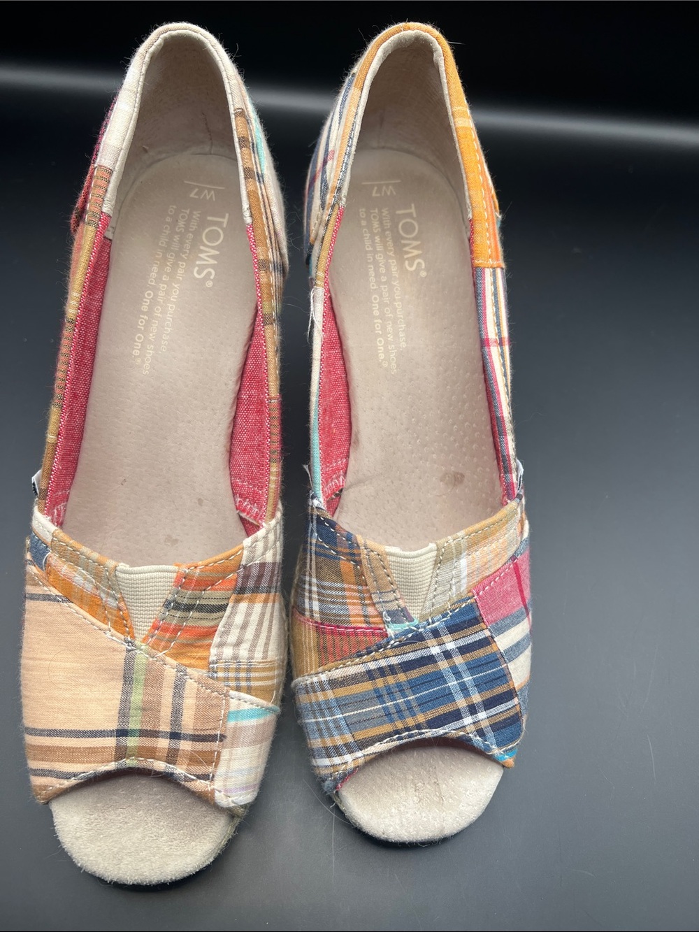 Toms Women's Multi Plaid Peep Toe Flats in Blue, Orange, Tan, Pink